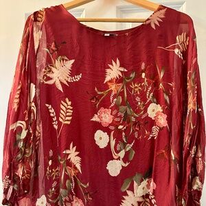 Belle France Floral Blouse - Size L - Burgundy